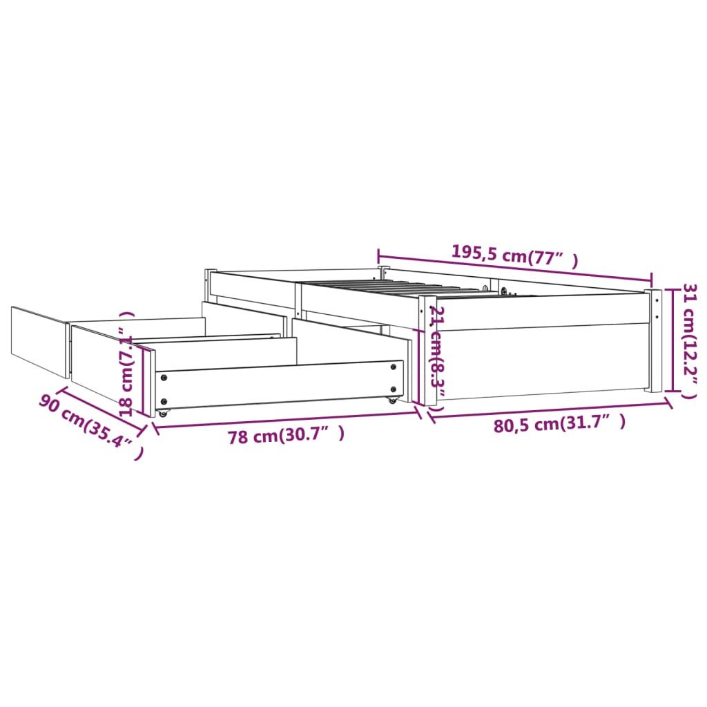 vidaXL Bed Frame without Mattress with Drawers White Small Single