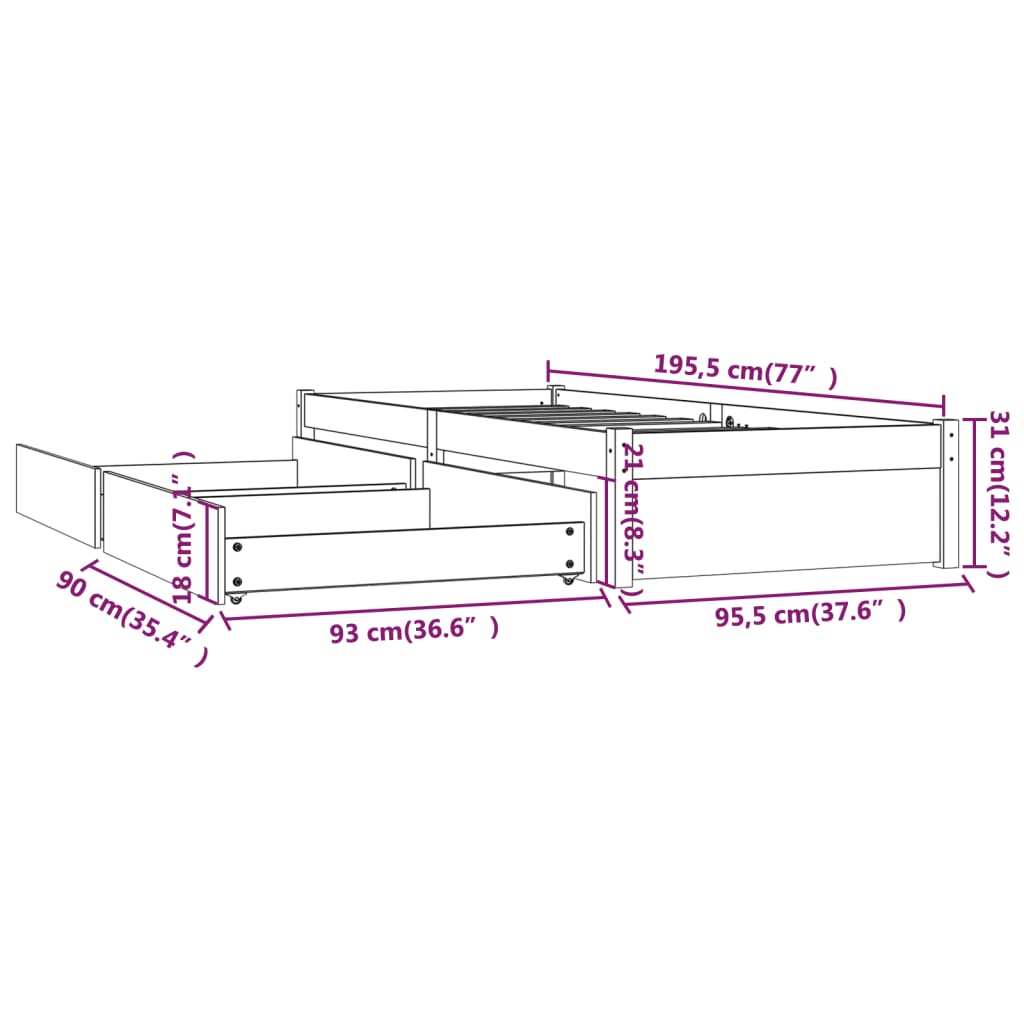 vidaXL Bed Frame without Mattress with Drawers White Single