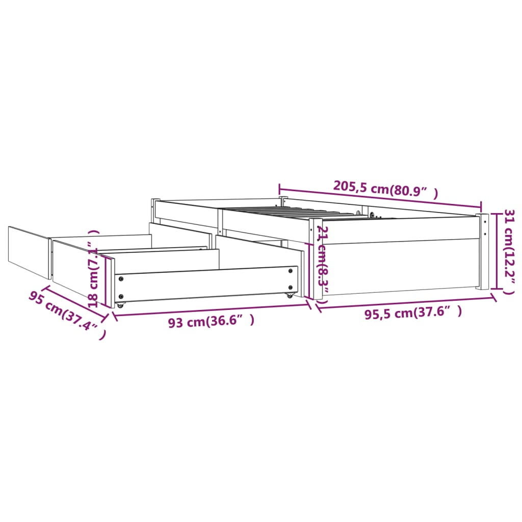 3103466 vidaXL Bed Frame without Mattress with Drawers Honey Brown 90x200 cm (814937+814987)