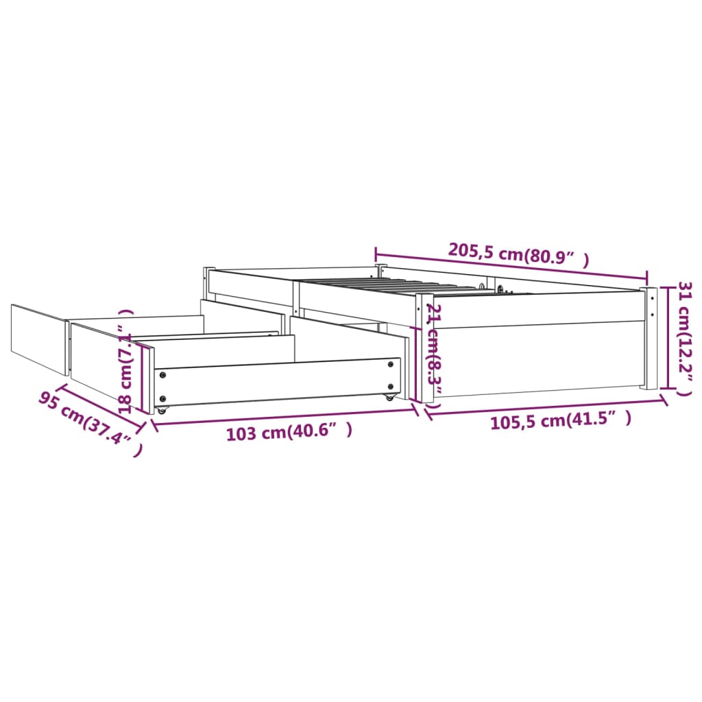 3103468 vidaXL Bed Frame without Mattress with Drawers 100x200 cm (814939+814989)