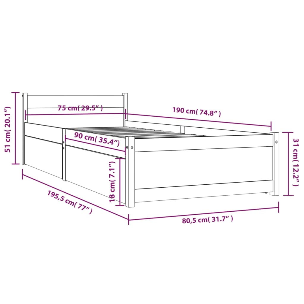 vidaXL Bed Frame without Mattress with Drawers Small Single