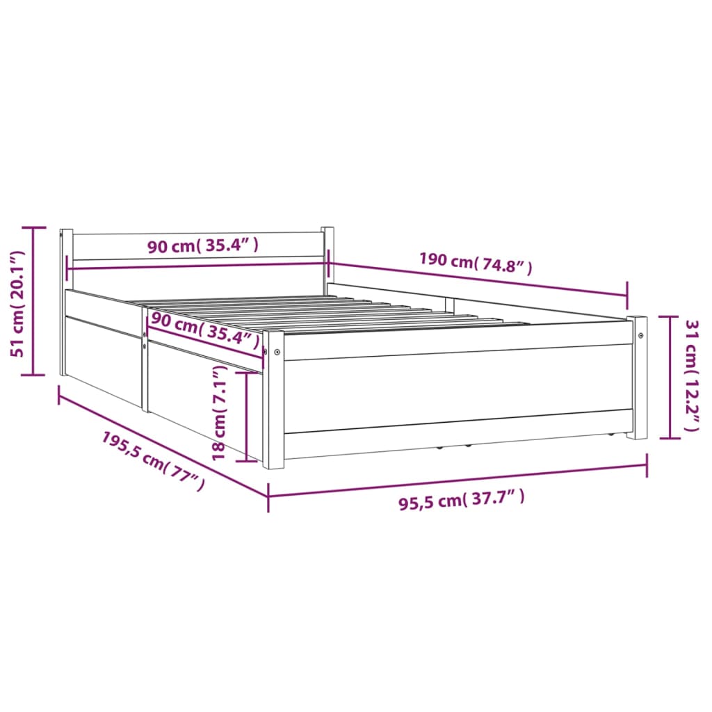 vidaXL Bed Frame without Mattress with Drawers Single