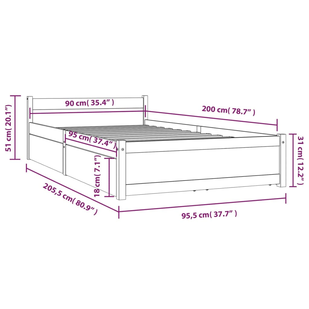 3103487 vidaXL Bed Frame without Mattress with Drawers Black 90x200 cm (815033+814988)