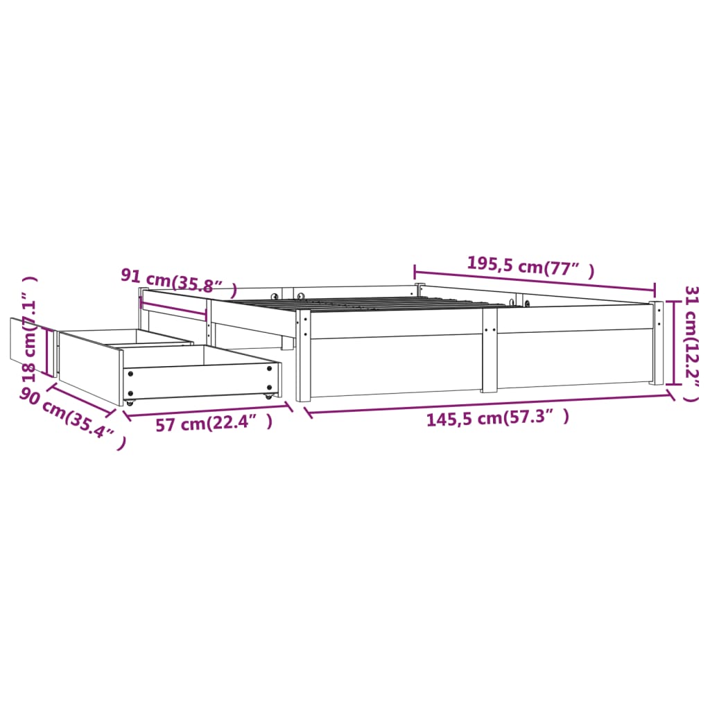 3103507 vidaXL Bed Frame without Mattress with Drawers Black 140x190 cm (814933+814998)