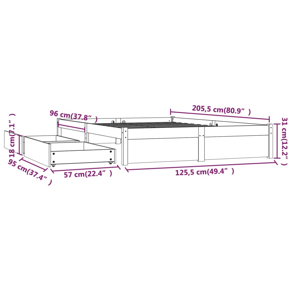 3103508 vidaXL Bed Frame without Mattress with Drawers 120x200 cm (814944+814999)