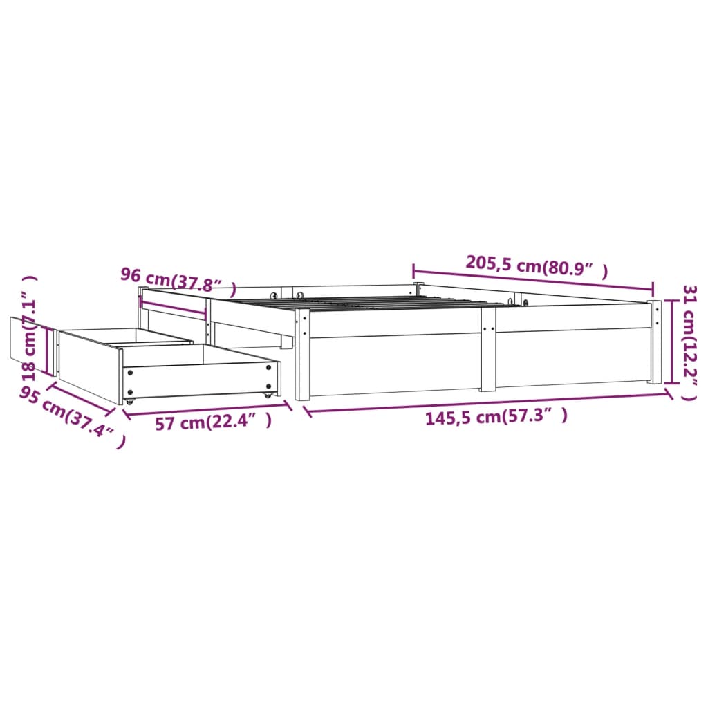 3103517 vidaXL Bed Frame without Mattress with Drawers Black 140x200 cm (814953+815003)