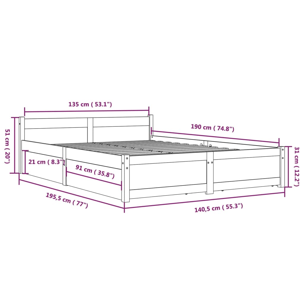 vidaXL Bed Frame without Mattress with Drawers White Double