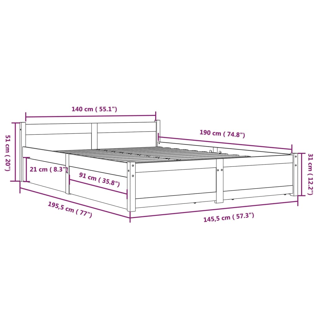 3103550 vidaXL Bed Frame without Mattress with Drawers White 140x190 cm (815025+814995)