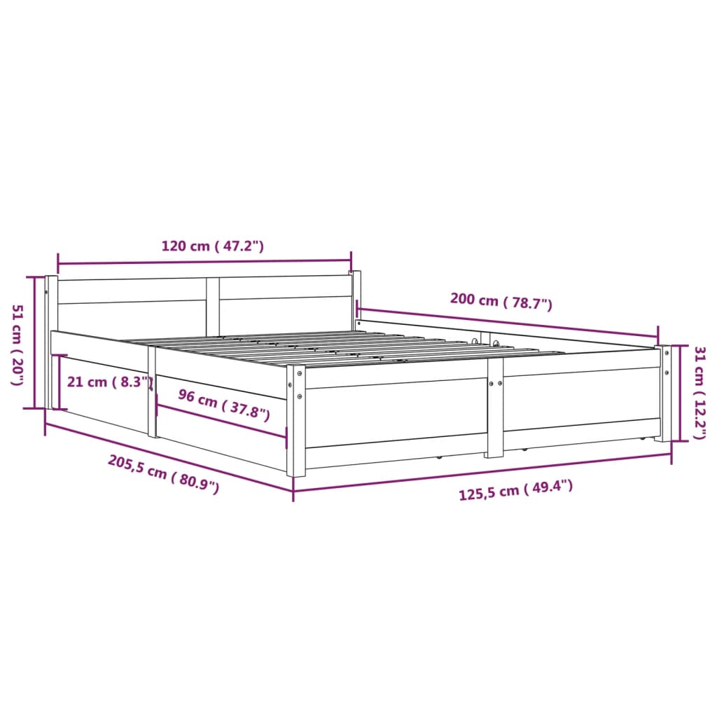 vidaXL Bed Frame without Mattress with Drawers White 120x200 cm