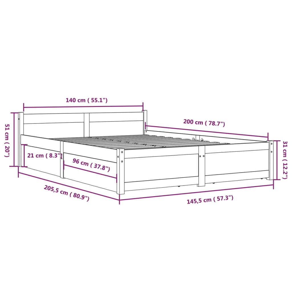 3103559 vidaXL Bed Frame without Mattress with Drawers 140x200 cm (815044+814999)