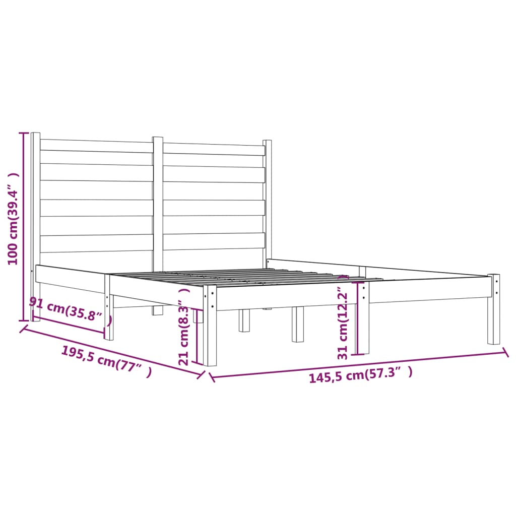 3103632 vidaXL Bed Frame without Mattress Black Solid Wood 140x190 cm (810001+818424)