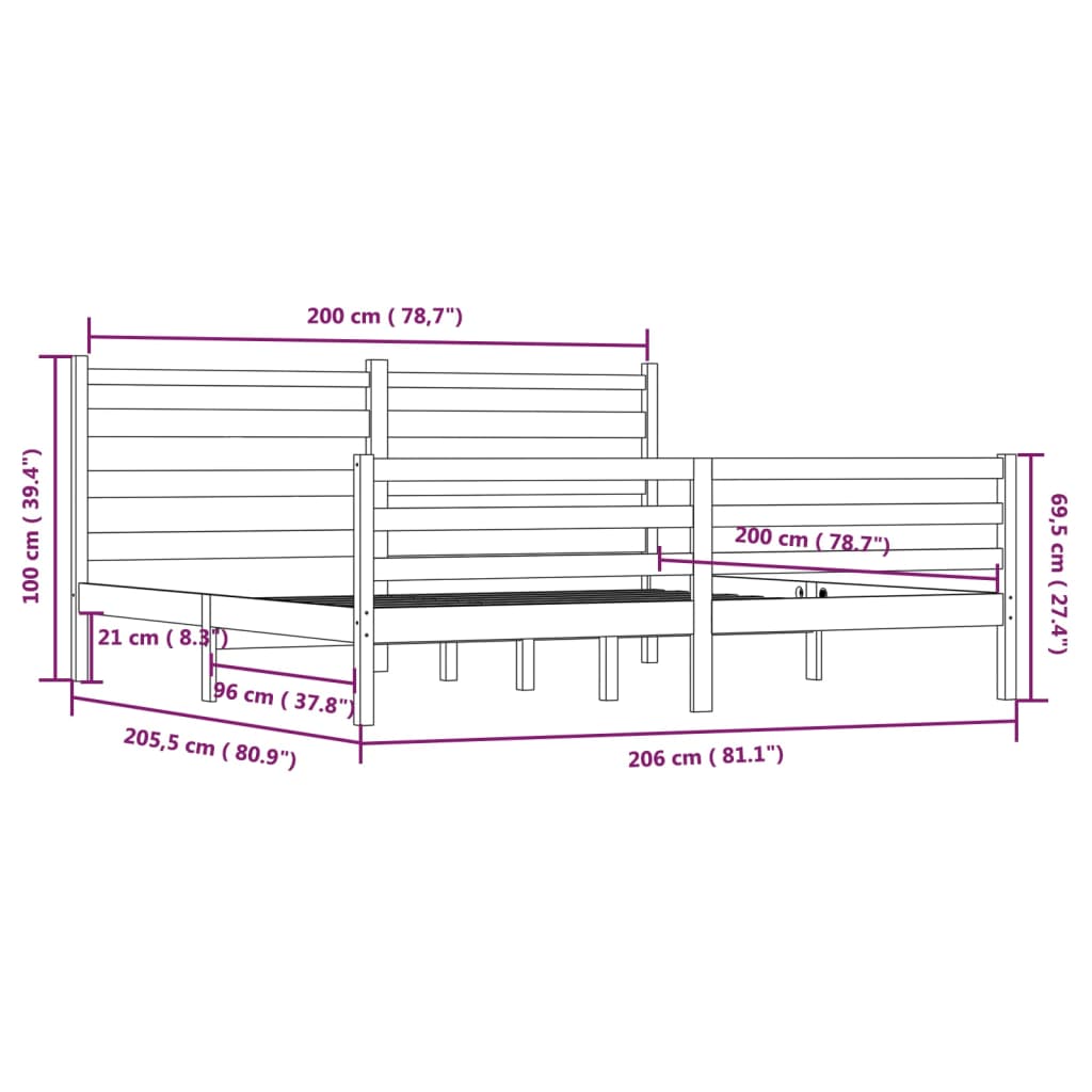 Bed Frame | Grey | Solid pine wood | 200x200 cm |  Durable  | Bed Frame