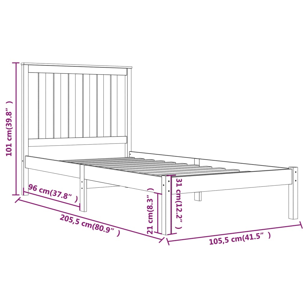 3103834 vidaXL Bed Frame without Mattress White Solid Wood 100x200 cm (810008+818506)