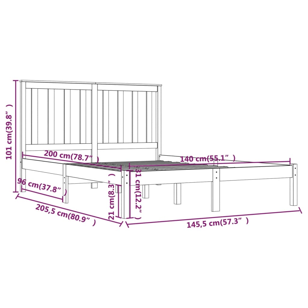 3103847 vidaXL Bed Frame without Mattress Black Solid Wood 140x200 cm (810021+818524)