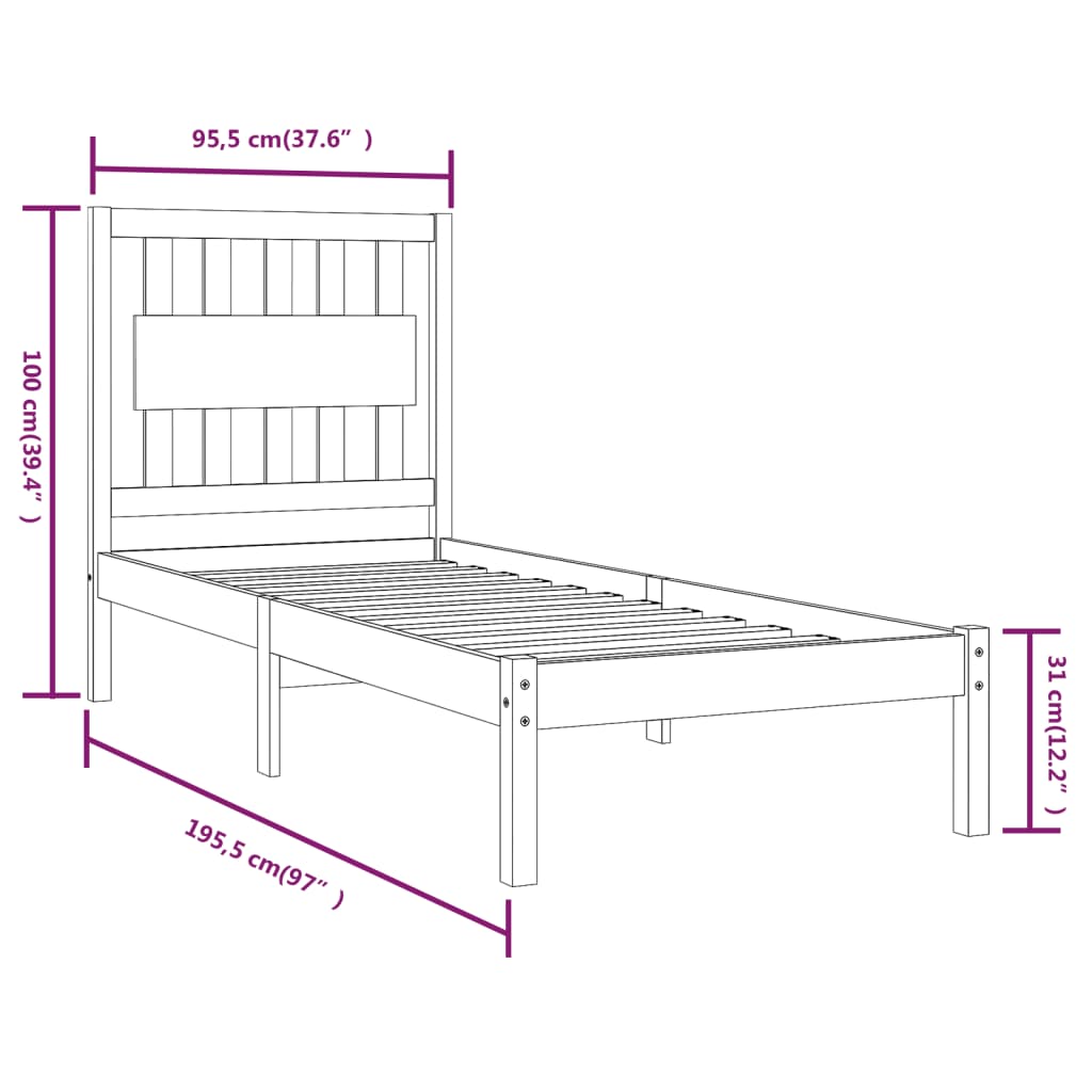 vidaXL Bed Frame without Mattress Black Solid Wood Single