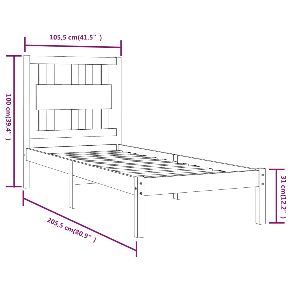 3103927 vidaXL Bed Frame without Mattress Black Solid Wood 100x200 cm (810011+818559)