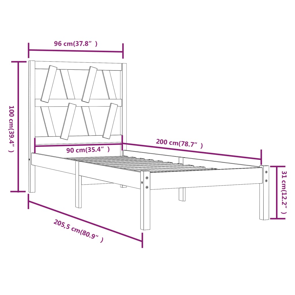 3103984 vidaXL Bed Frame without Mattress White Solid Wood 90x200 cm (810003+818601)