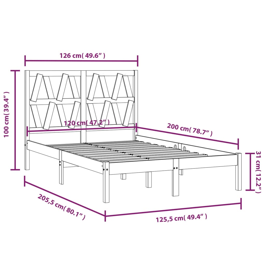 3103997 vidaXL Bed Frame without Mattress Black Solid Wood 120x200 cm (810016+818614)