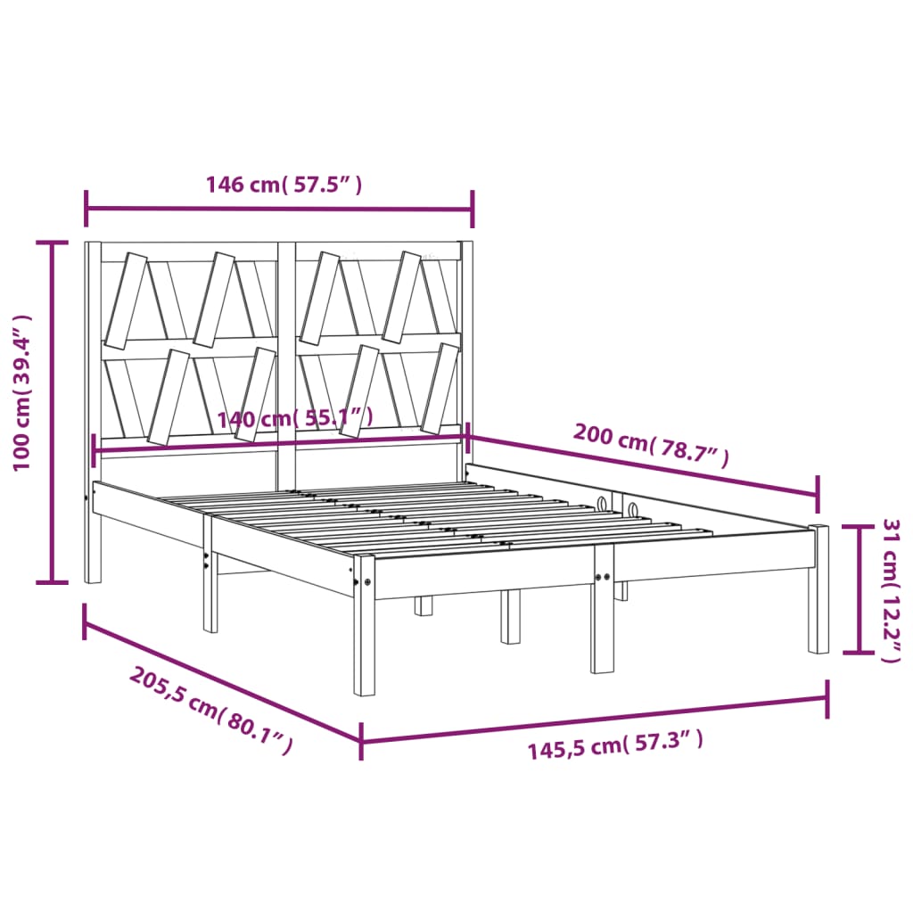 3104002 vidaXL Bed Frame without Mattress Black Solid Wood 140x200 cm (810021+818624)