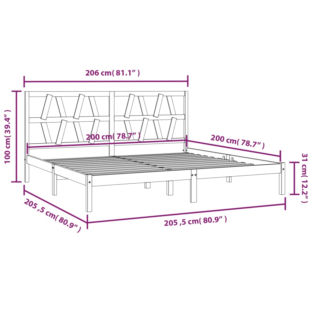 3104022 vidaXL Bed Frame without Mattress Black Solid Wood 200x200 cm (810041+818644)