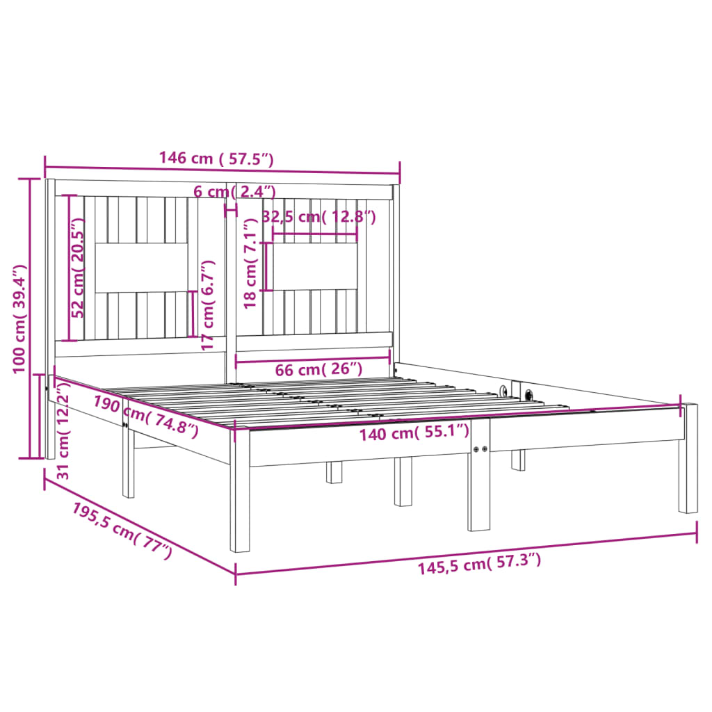 3104043 vidaXL Bed Frame without Mattress Solid Wood 140x190 cm (809997+818670)