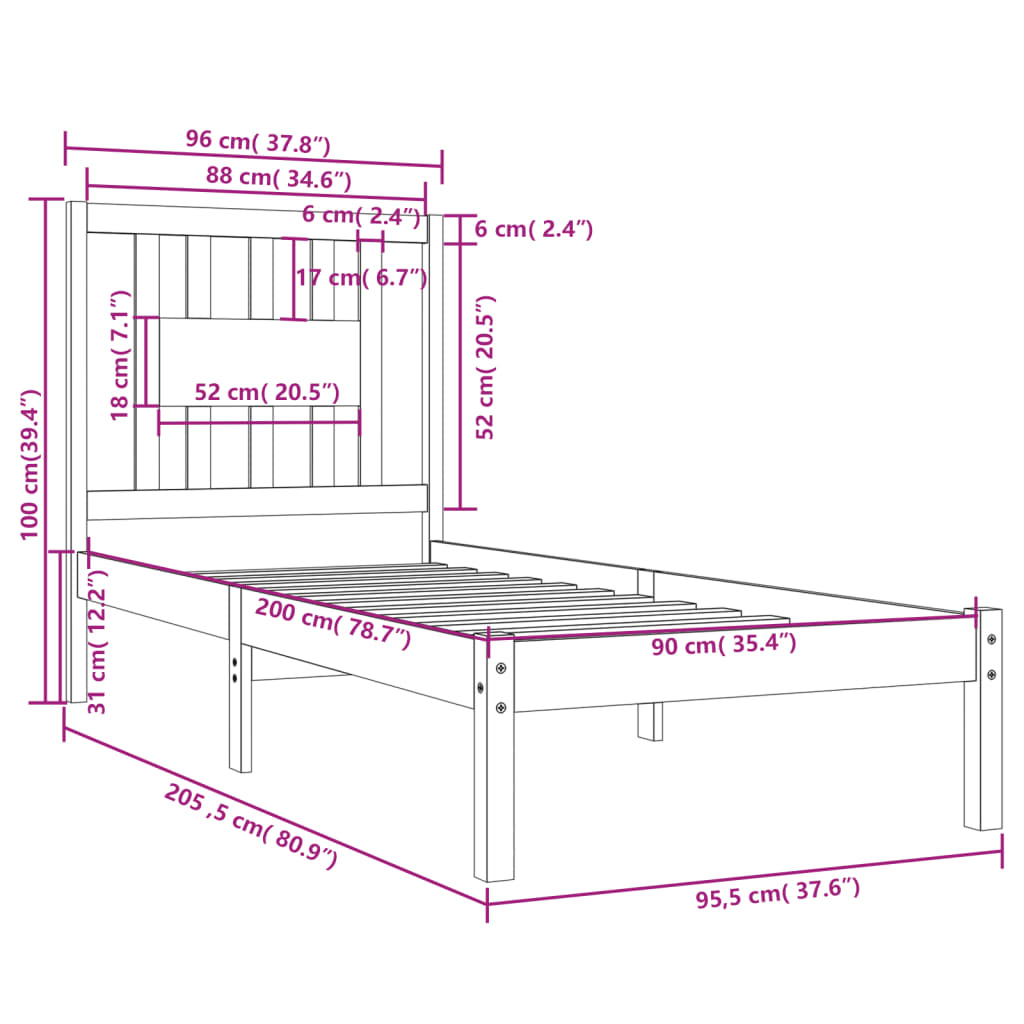 3104050 vidaXL Bed Frame without Mattress Grey Solid Wood 90x200 cm (810004+818652)