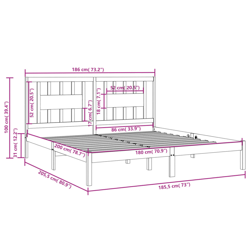 vidaXL Bed Frame without Mattress Black Solid Wood Super King