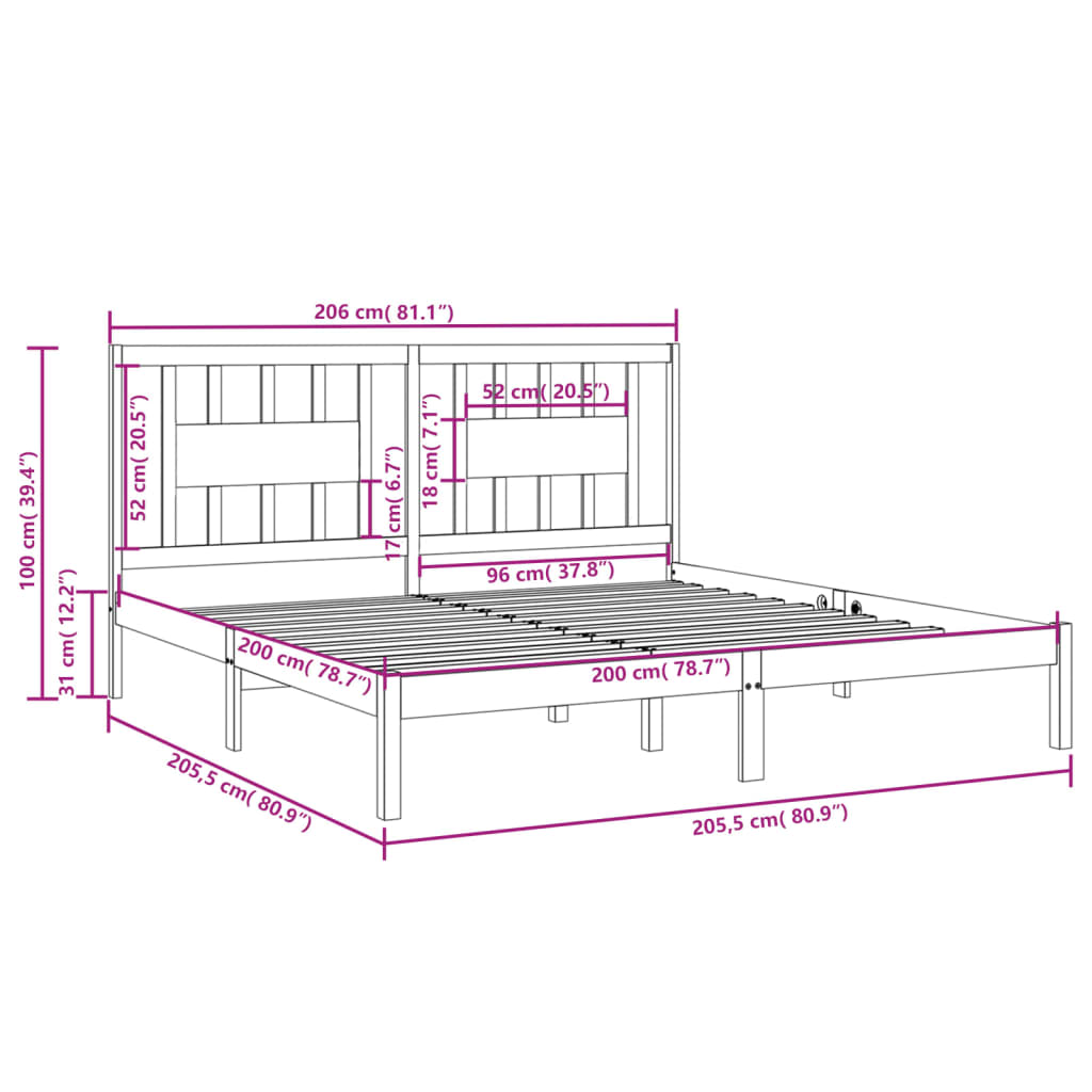 3104083 vidaXL Bed Frame without Mattress Solid Wood 200x200 cm (810037+818690)