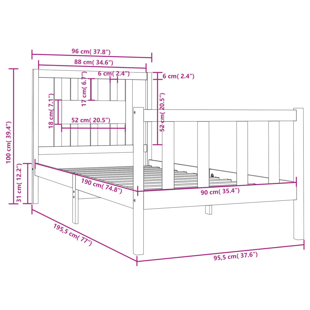 vidaXL Bed Frame without Mattress White Solid Wood 90x190 cm Single Single