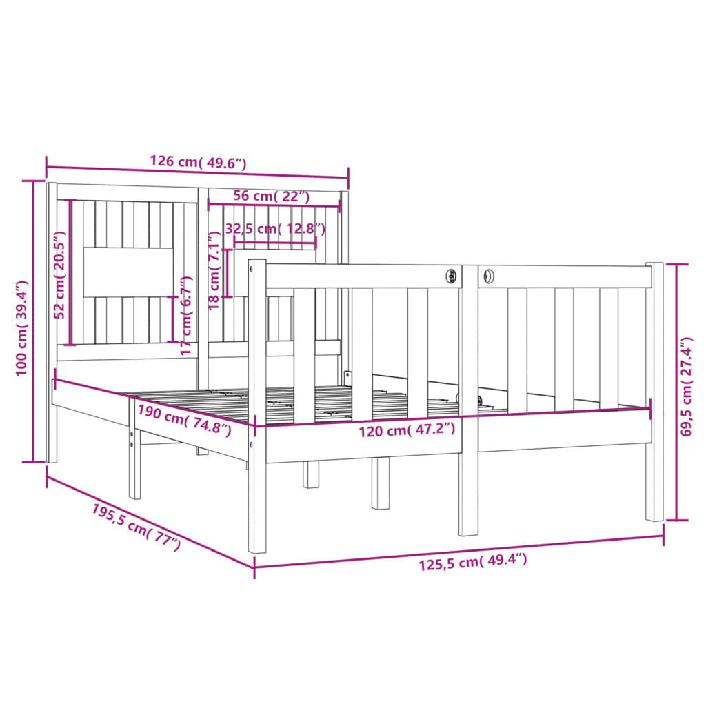 vidaXL Bed Frame without Mattress Black 120x190 cm Small Double Solid Wood