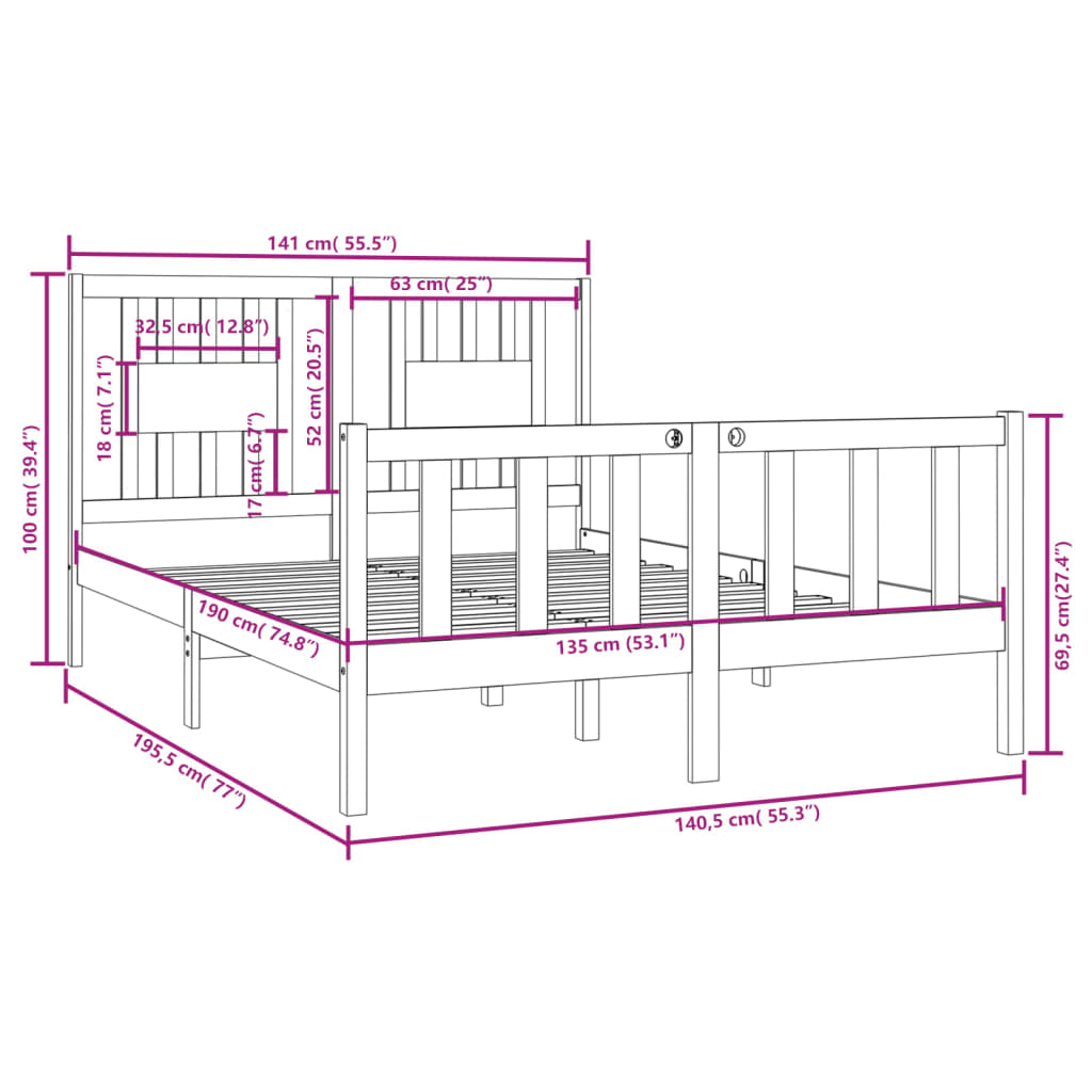 vidaXL Bed Frame without Mattress White 135x190 cm Double Solid Wood