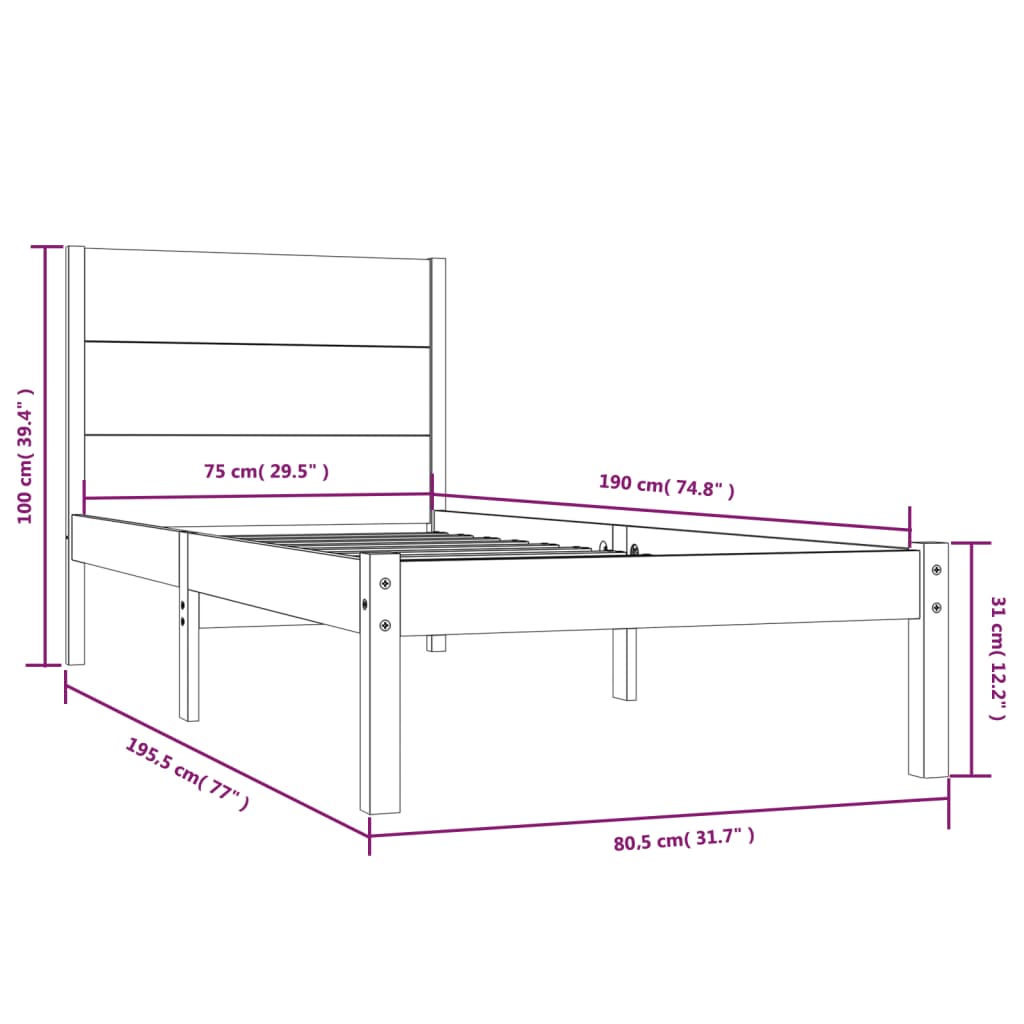 vidaXL Bed Frame without Mattress White 75x190 cm Small Single Solid Wood