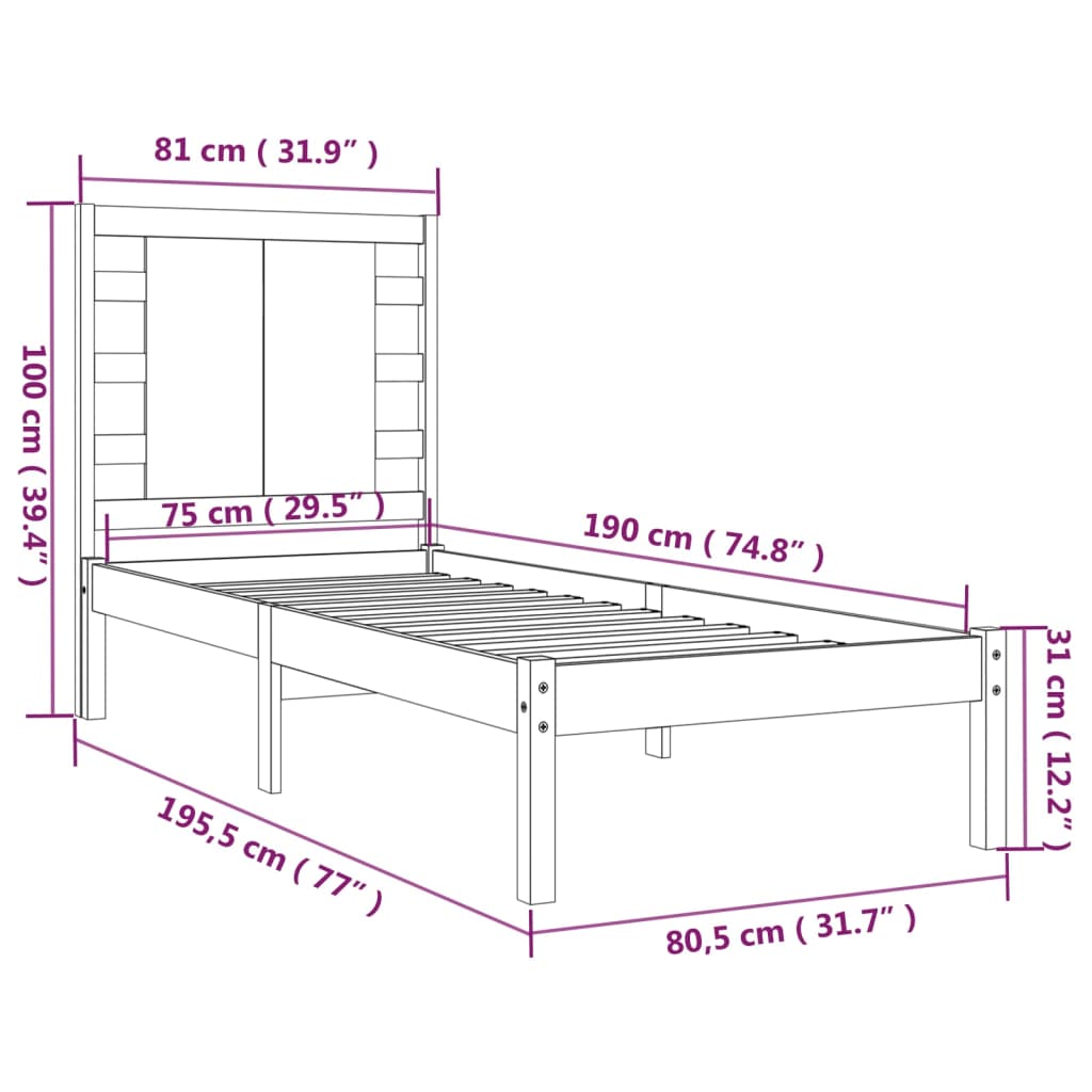 vidaXL Bed Frame without Mattress Black 75x190 cm Small Single Solid Wood