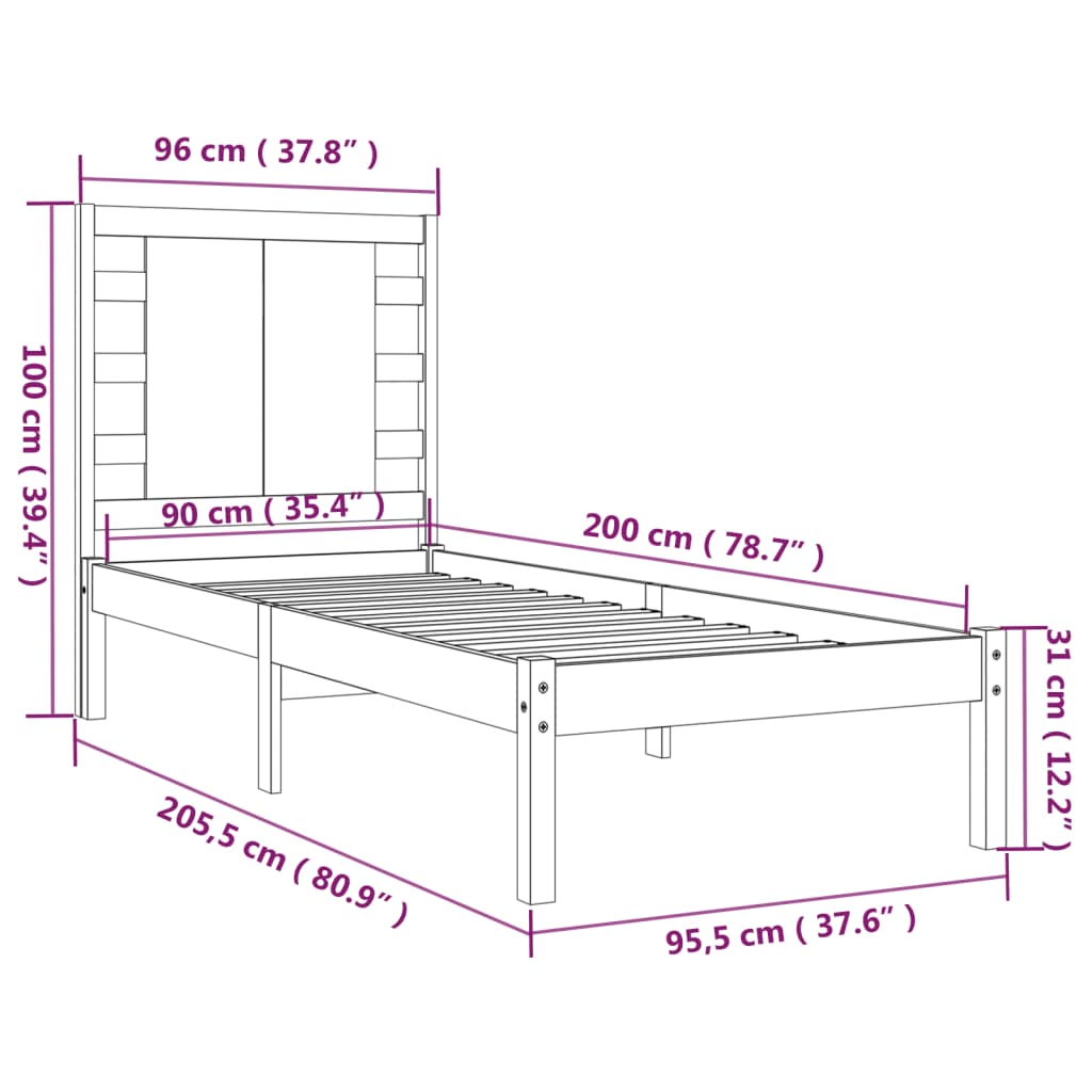 Bed Frame without Mattress 90x200 cm Solid Wood Pine