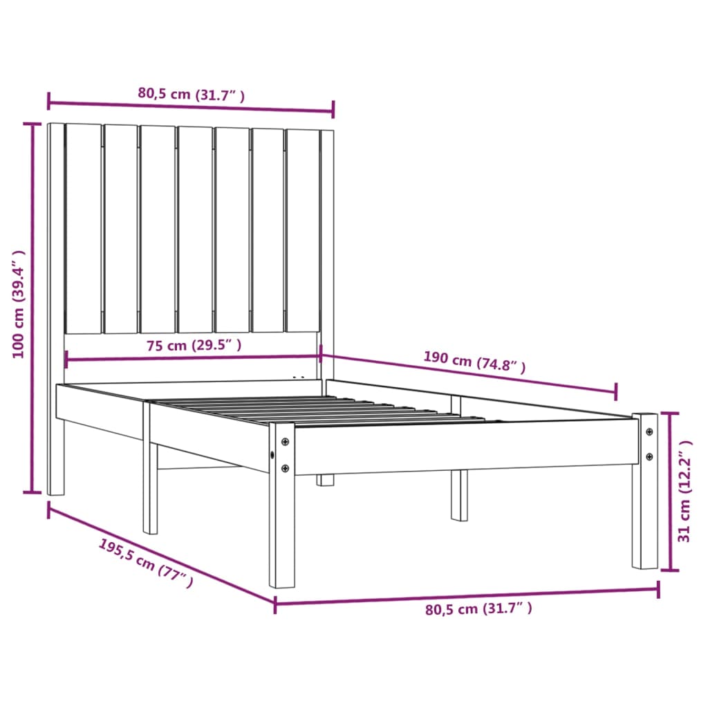 vidaXL Bed Frame without Mattress 75x190 cm Small Single Solid Wood