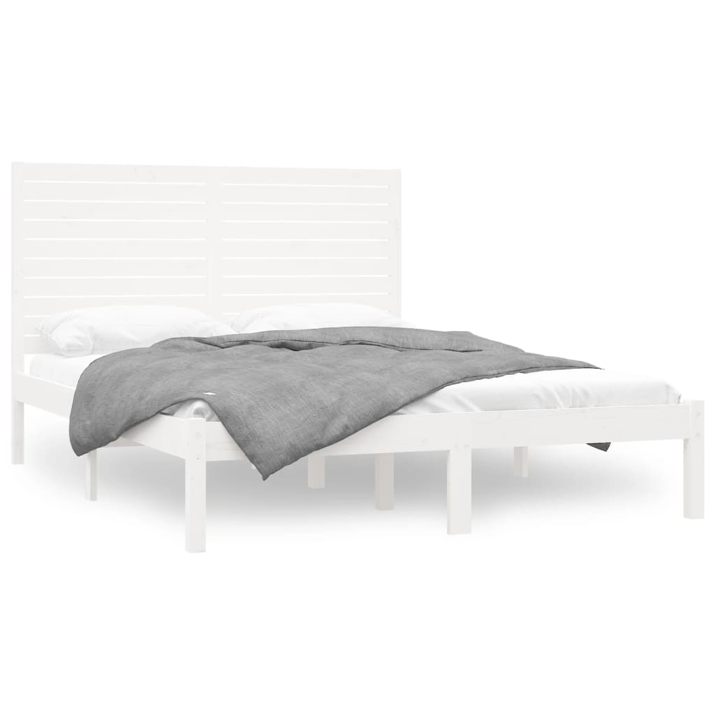 Bed Frame | White | Solid pinewood | Double | Decorative Inlays