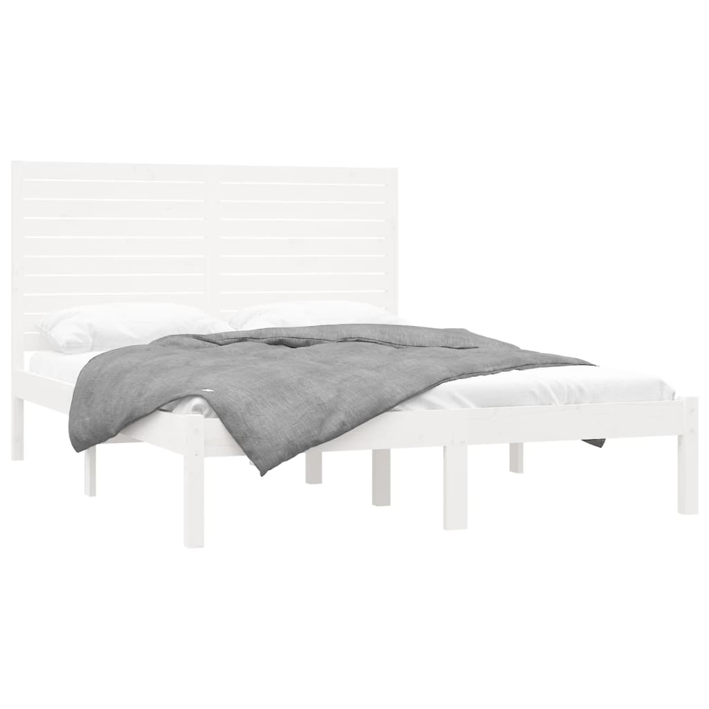 Bed Frame | White | Solid pinewood | Double | Decorative Inlays