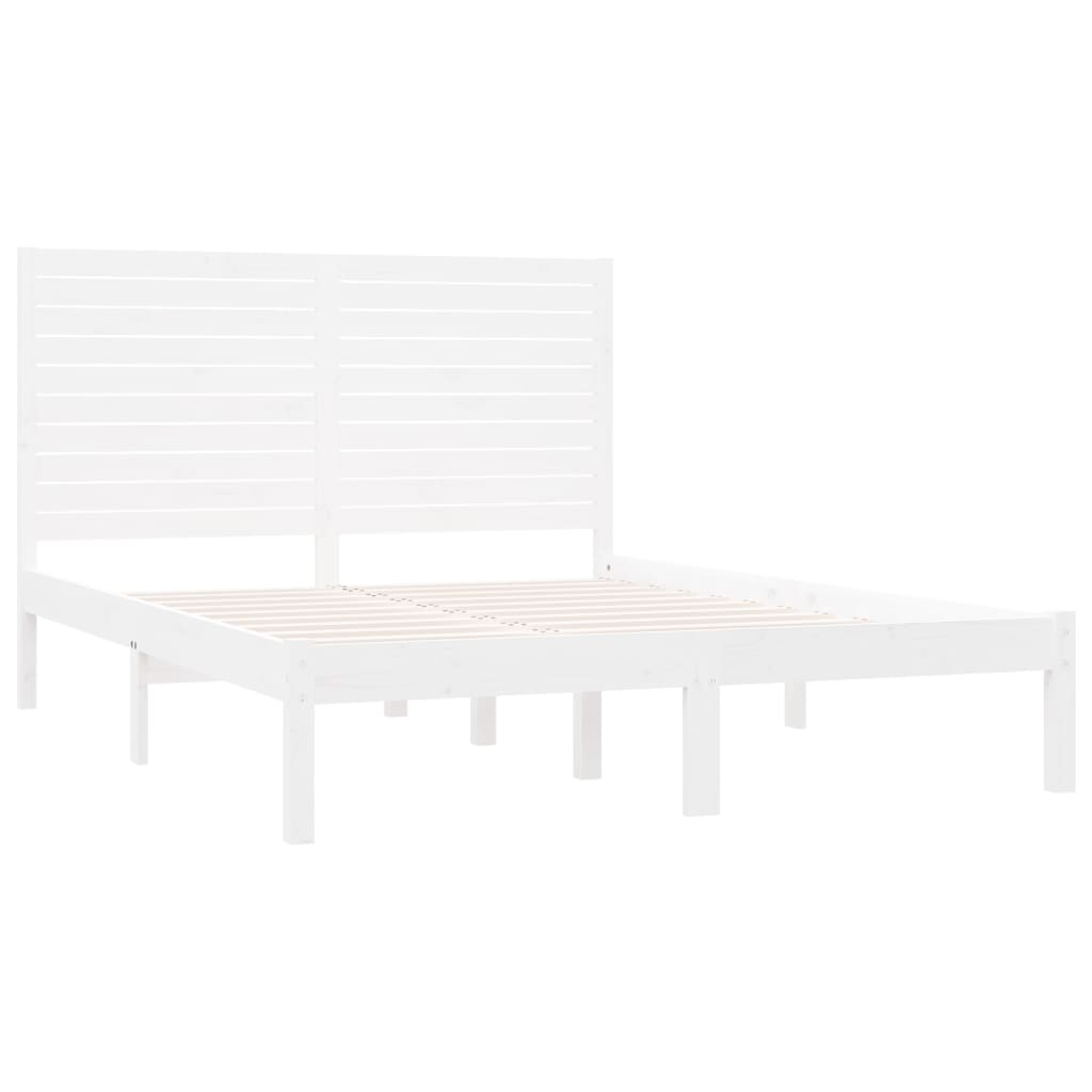 Bed Frame | White | Solid pinewood | Double | Decorative Inlays