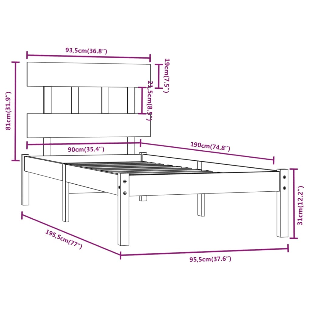 vidaXL Bed Frame without Mattress 90x190 cm Single Solid Wood