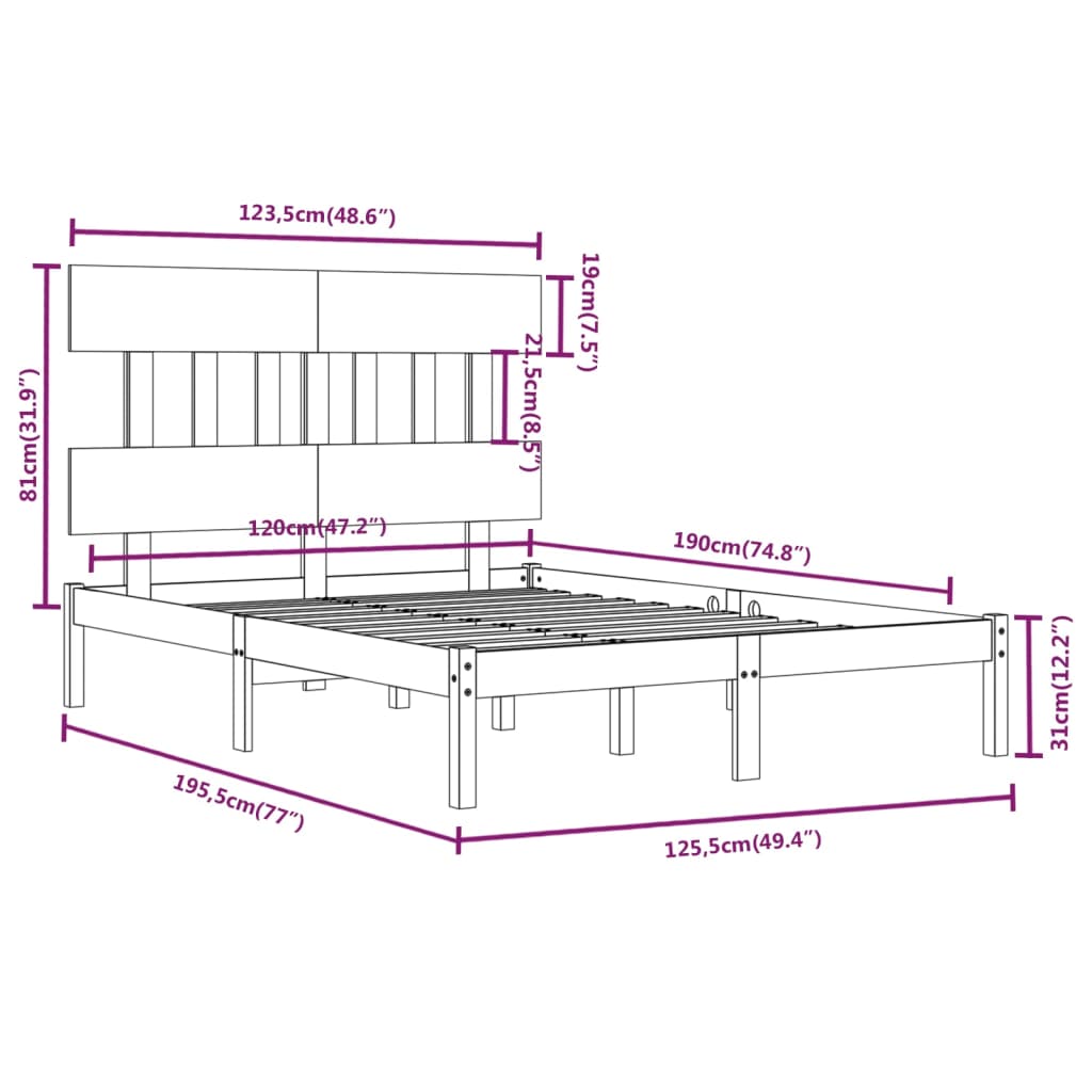 vidaXL Bed Frame without Mattress 120x190 cm Small Double Solid Wood