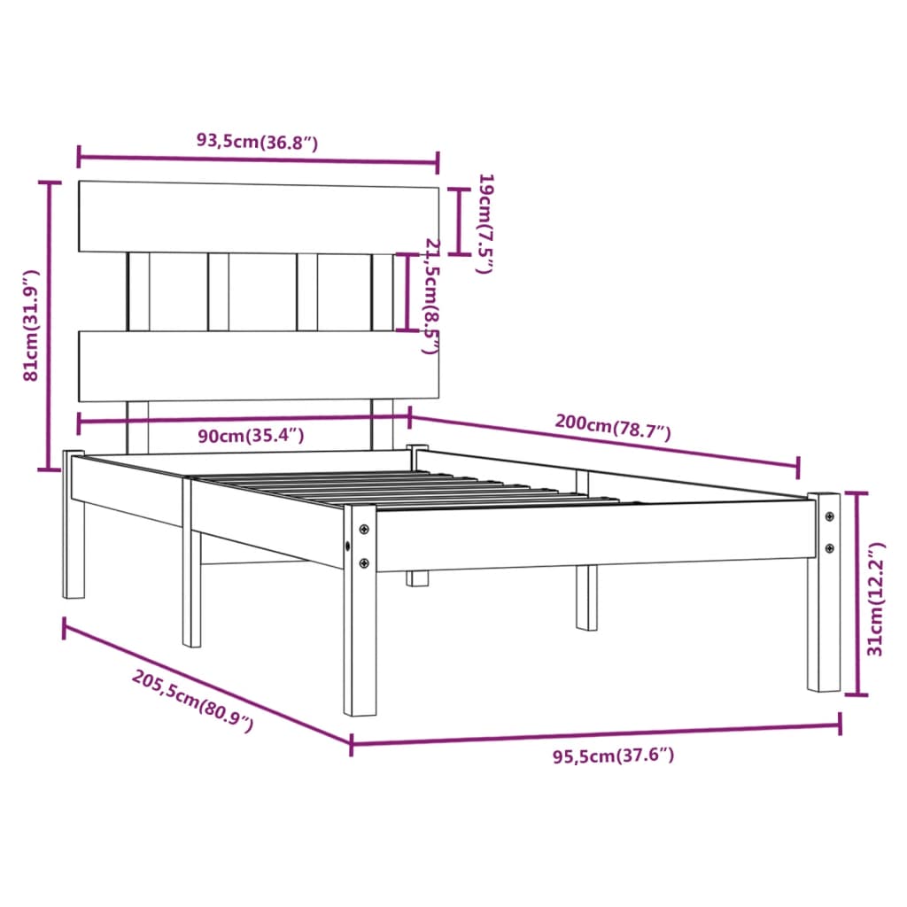 vidaXL Bed Frame without Mattress 90x200 cm Solid Wood