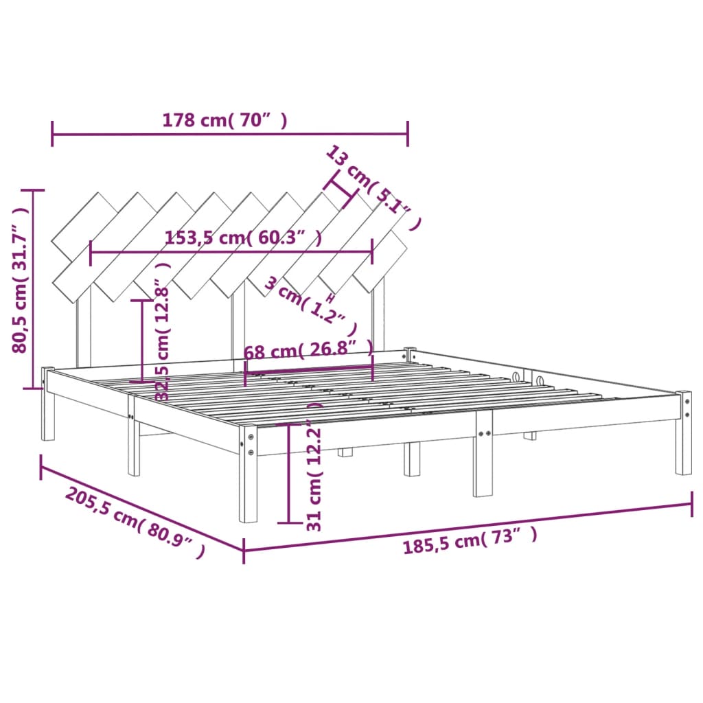 vidaXL Bed Frame without Mattress Grey 180x200 cm Super King Solid Wood