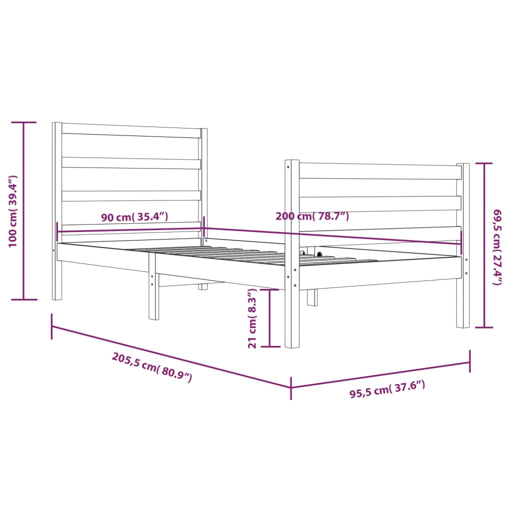 vidaXL Bed Frame without Mattress White Solid Wood Pine 90x200 cm