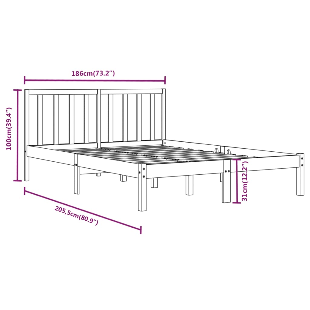 vidaXL Bed Frame without Mattress Black Solid Wood Pine 180x200 cm Super King