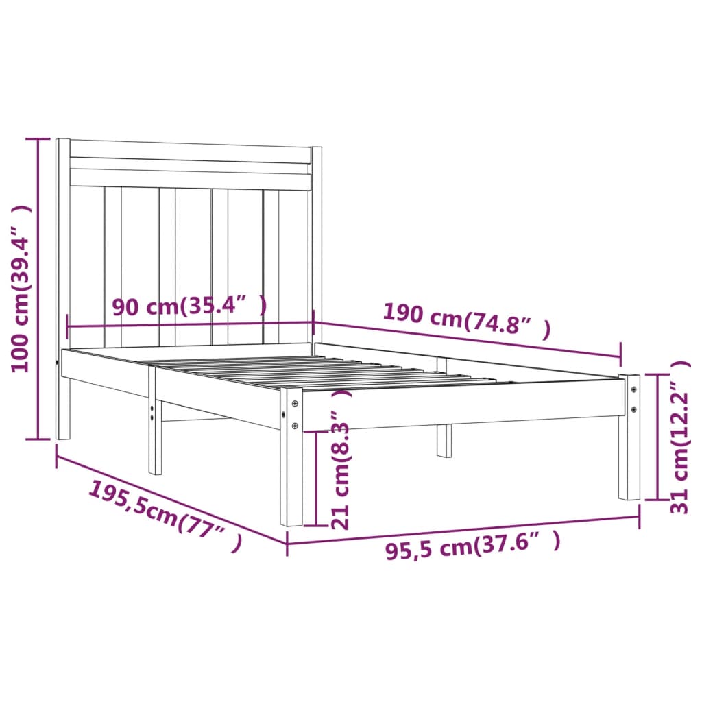 vidaXL Bed Frame without Mattress Black 90x190 cm Single Solid Wood