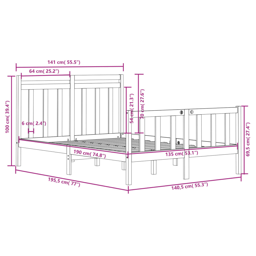 vidaXL Bed Frame without Mattress 135x190 cm Double Solid Wood