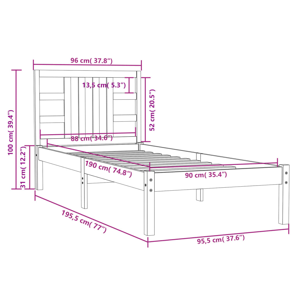 vidaXL Bed Frame without Mattress 90x190 cm Single Solid Wood