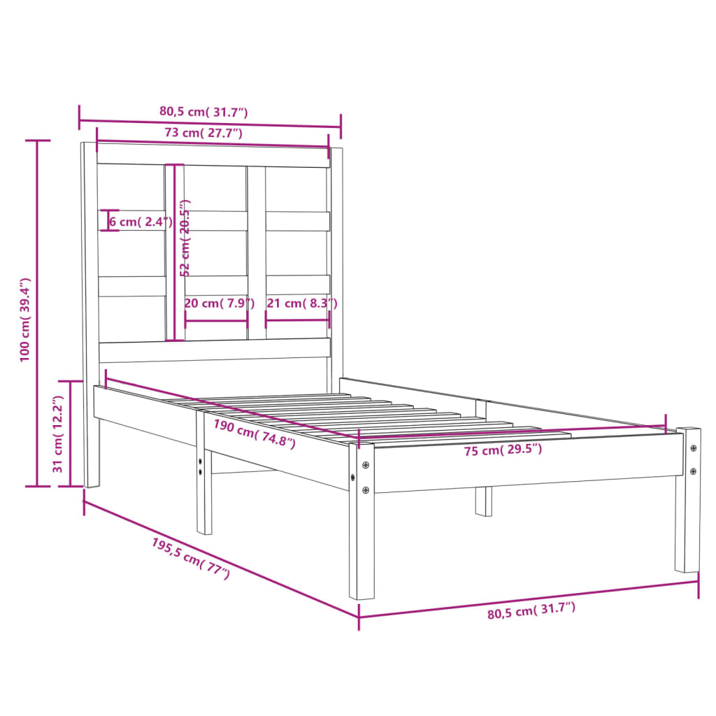 vidaXL Bed Frame without Mattress Black 75x190 cm Small Single Solid Wood