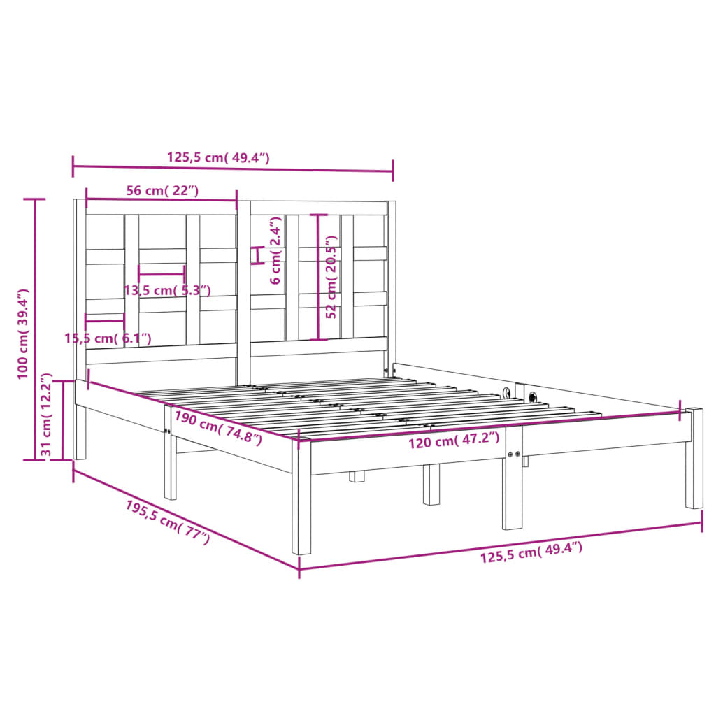 vidaXL Bed Frame without Mattress White 120x190 cm Small Double Solid Wood