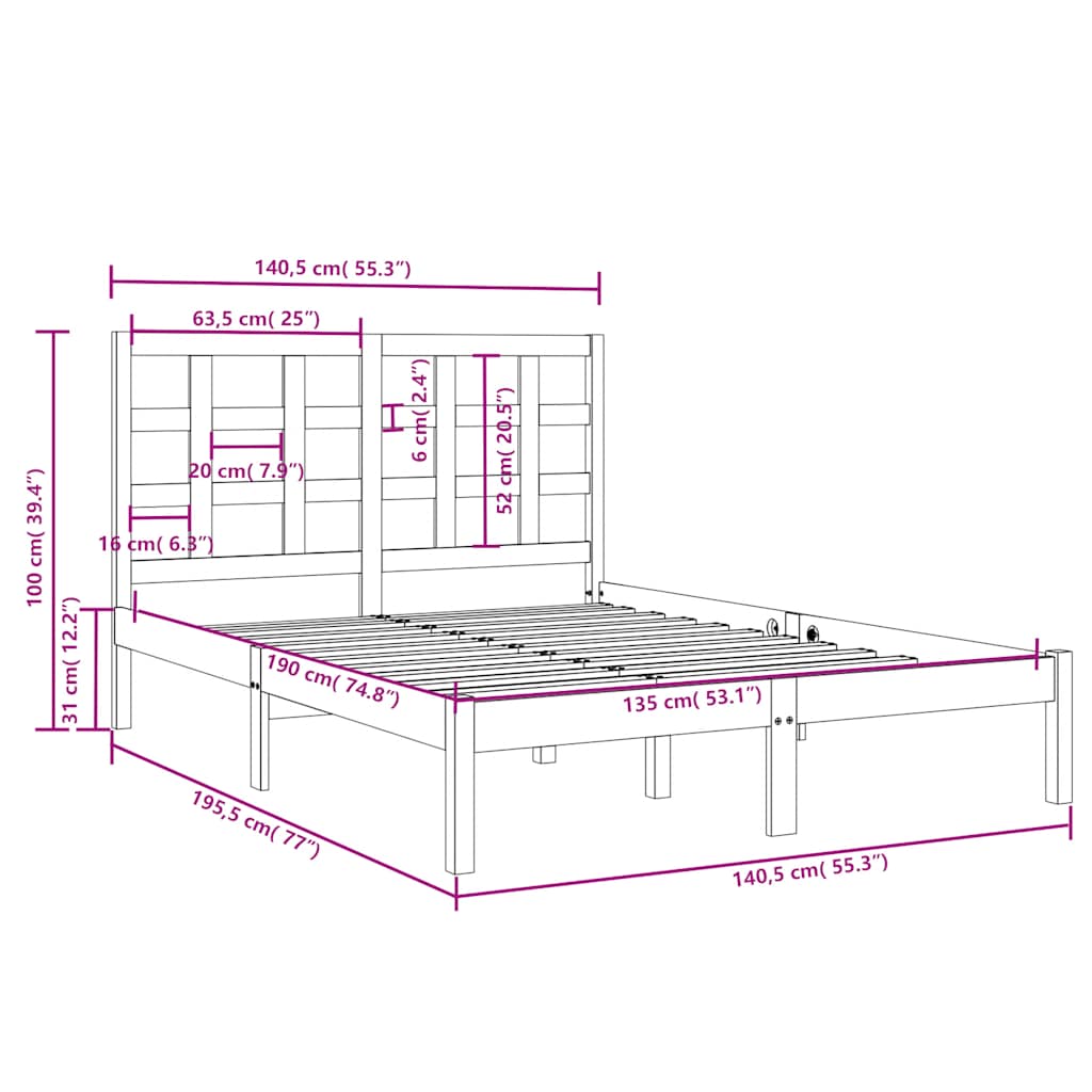 Bed Frame without Mattress 135x190 cm Double Solid Wood